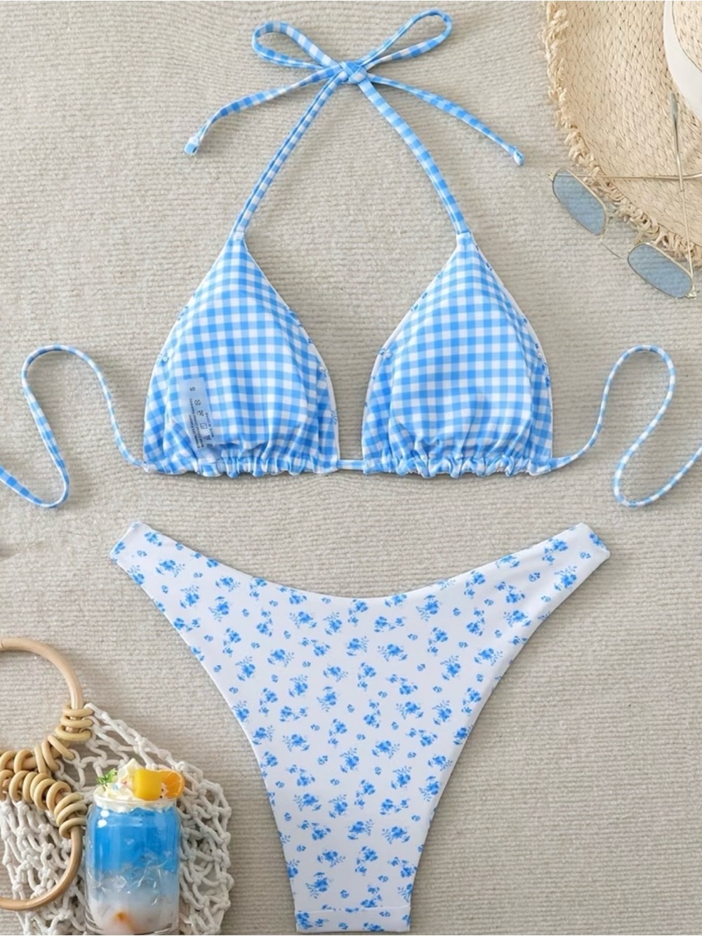 Blue Floral Reversible Triangle Halter Bikini Set - Picture 2 of 10